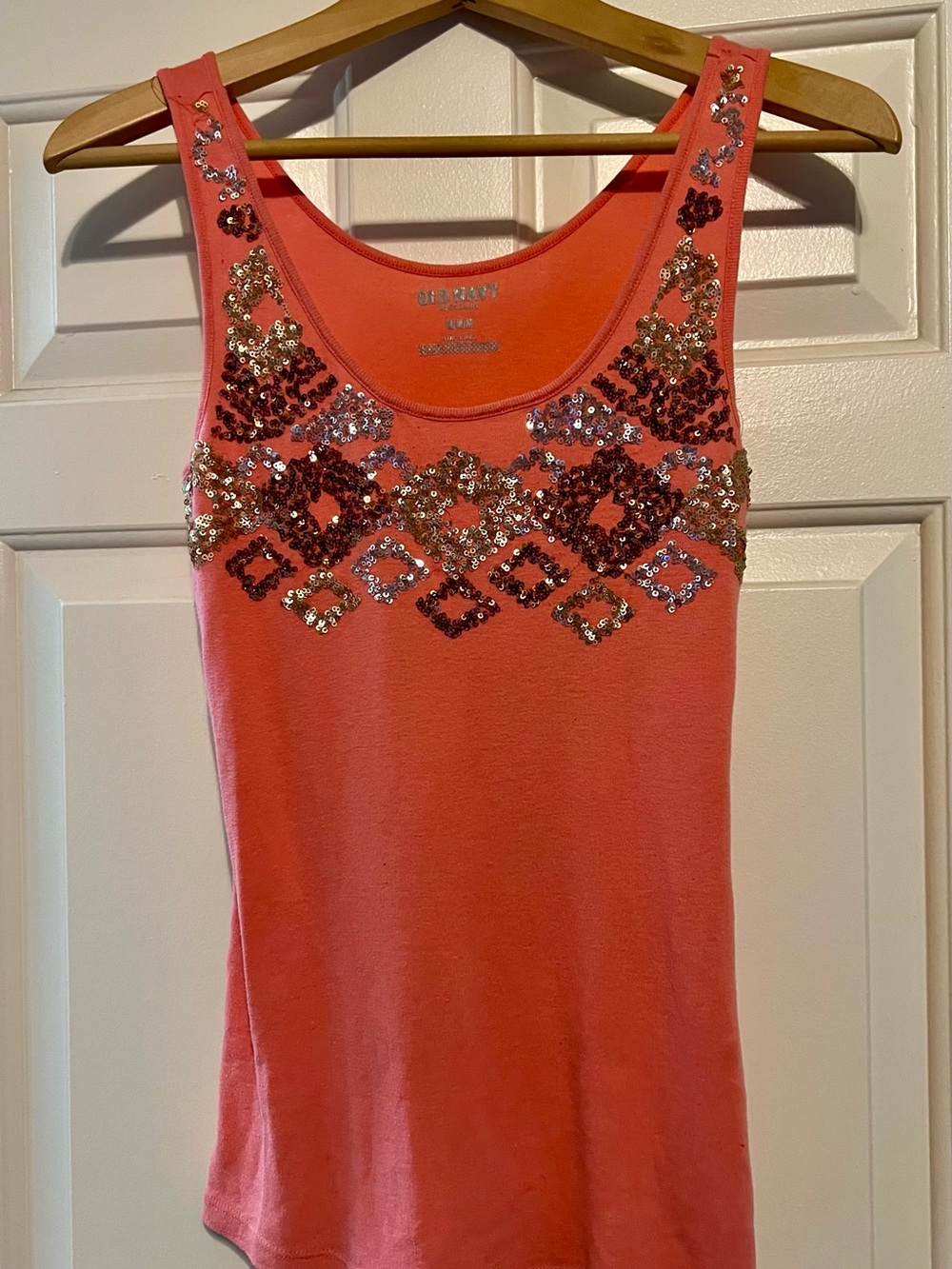 Old Navy Coral Pink Bronze Metallic Sequin Geometric Ribbed Tank Top - Size M